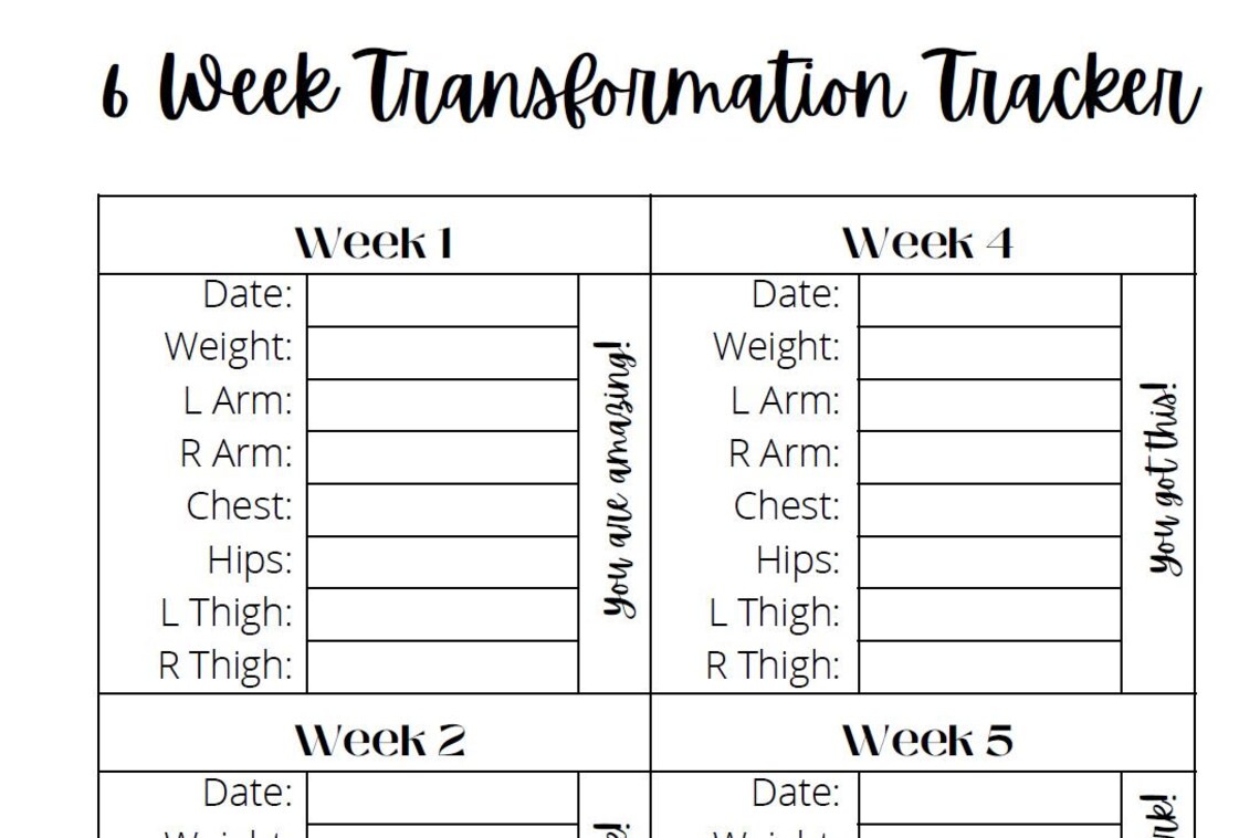 6 Week Transformation Tracker Instant Download PDF | Body Measurement ...