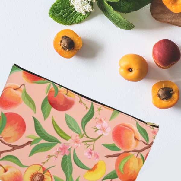 Peaches Blossom Fruit Pink Flat Zippered Pouch | Accessory Case | Pencil Case Back to School | Cosmetic Bag | Travel Case | Cute |