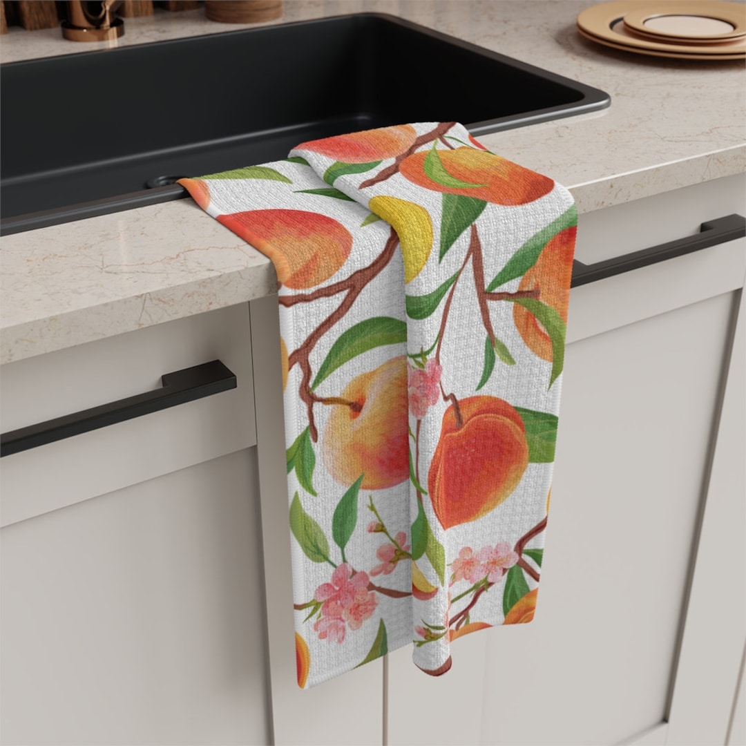 Peach Soft Kitchen Tea Towel, Cute Fruit Floral Dishtowel, White ...