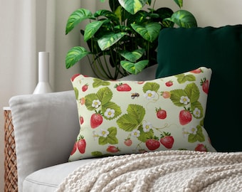 Strawberry Floral Pattern Spun Polyester Lumbar Pillow | Botanical Berry Print