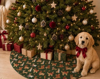 Plush Fleece Dog Christmas Tree Skirt, Holiday Pet Lover Gift (43.99in Diameter)