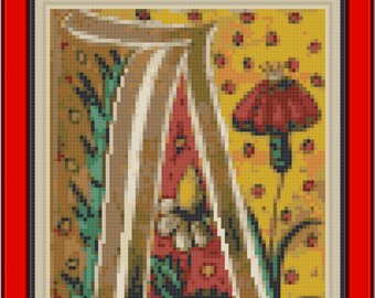 Calligraphy A with Ladybugs, cross-stitch pattern PDF