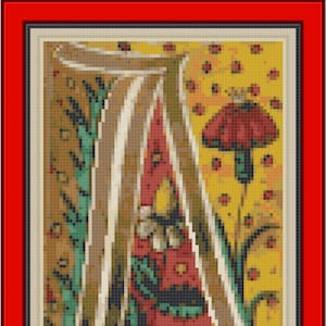 Calligraphy A with Ladybugs, cross-stitch pattern PDF