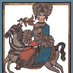 Mujer Colonial a Caballo, patrón punto de cruz, descargar PDF