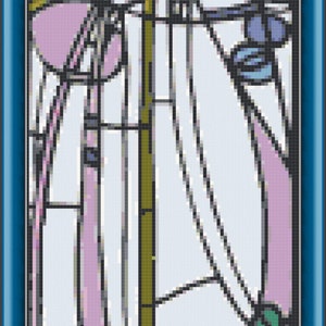 May include: A stained glass window design featuring a geometric pattern in shades of blue, green, pink, and white.