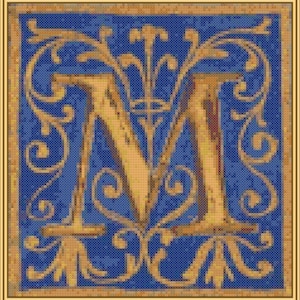 Copper Initial M on Navy, cross-stitch pattern, PDF instant download