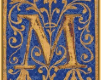 Copper Initial M on Navy, cross-stitch pattern, PDF instant download