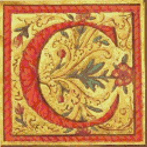 Gallica Crimson Initial C on Gilt, cross-stitch pattern, PDF instant download