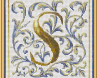 Gilt Initial S, Delft back, cross-stitch pattern, PDF instant download