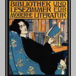 Könnte beinhalten: Ein Vintage-Plakat, das eine Bibliothek und einen Lesesaal für moderne Literatur bewirbt. Das Plakat zeigt eine Frau, die in einem Sessel sitzt und ein Buch liest, in einer Bibliothek. Der Text auf dem Plakat lautet "Bibliothek und Lesezimmer fur Moderne Literatur".