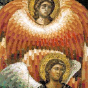 Könnte beinhalten: Zwei Engel mit goldenen Heiligenscheinen und Flügeln, im byzantinischen Stil gemalt. Der Engel oben trägt eine rote und goldene Robe, während der Engel unten eine schwarze und goldene Robe trägt.