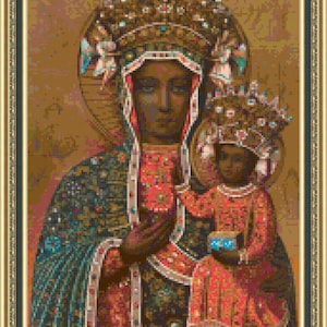Könnte beinhalten: Eine religiöse Ikone, die die Jungfrau Maria und das Jesuskind darstellt. Maria trägt ein dunkelblaues Gewand mit goldenen Verzierungen und eine Krone. Jesus trägt ein rotes Gewand und eine Krone. Der Hintergrund ist goldbraun.