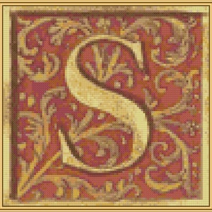 Gallica Gilt S on Red Scroll #1, cross-stitch pattern, PDF instant download