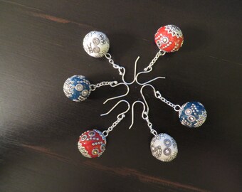 RED WHITE or BLUE enamel & silvery trim earrings - crystals, bendable S-hook ear wires - perfect for Holidays, Bridal party, birthday gifts