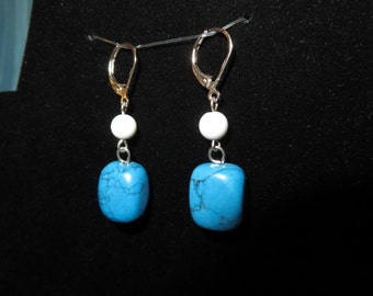 STATEMENT DANGLE EARRINGS- Large Bright Blue Turquoise, White Howlite, Silver Tone Metals - Lever Back Earring Wires - 1.75 inch Drop Length