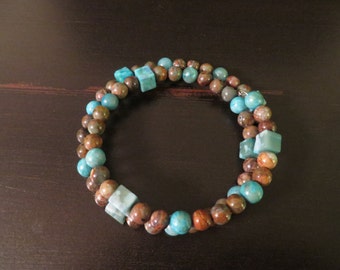 2 row MEMORY WIRE BRACELET w/ Chrysocolla, Jade & Jasper beads - blue-greens and rust Earth tones - fits Sm-Md (5-8 in. wrist circumference)