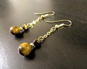 TIGER's Eye DANGLE EARRINGS w/ natural beads, fish hook ear wires and gold tone accents, uncomplicated style - length just over 1 & 3/4 inch