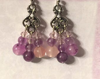 LONG CHANDELIER EARRINGS w/ Amethyst & Crystals - Multi-color Jewelry, Royal Purple, Pink, Lavender, Silver tone metals - Length 1.75 inches