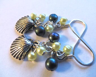 DANGLE PEARL EARRINGS - Shell Charms - pale Yellow Pearls, dark Blue-Green Pearls, Silver Tone Metals, fish hook ear wires - 1.75 inches