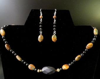 NECKLACE w/ EARRINGS - Black Onyx, Tan/Blue/Green Chrysocolla, hand-wrapped findings & round clasp - Earring L: 2.625 in. w/ S-hook ear wire