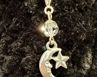 PENDANT w/ SWAROVSKI Crystal, SILVER Tone Pewter Moon & Stars Charm w/ Silver Tone Bail - Pendant length 1.375 inches, (chain not included)