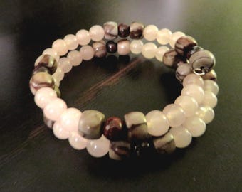 2 ROW Beaded BRACELET-Rose QUARTZ, Porcelain Jasper & Red Jasper, silver tone Memory Wire-no clasp - fits size small-medium (5-8 inch wrist)