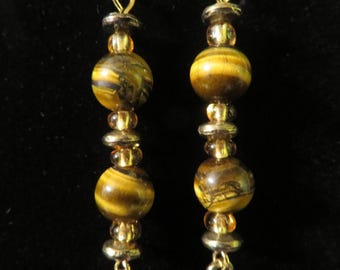 LONG Dangle TIGER Eye EARRINGS  w/ golden accents, natural stone, glass, antique brass finish beads, charms & fish hook ear wires - 3 inches