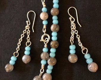 NECKLACE, Dangle Earrings - SEMI-PRECIOUS Labradorite, Blue Czech Glass, hand-made findings & round clasp - approx. earring L: 2.125 inches