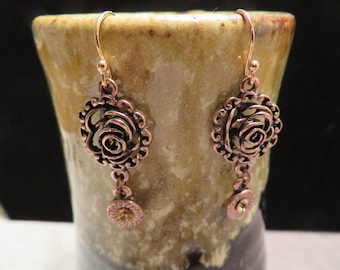 Rose GOLD & COPPER EARRINGS with antique finish charms, Swarovski crystals, and rose gold bendable S-hook ear wires - 1.5 inches - Adorable!
