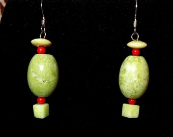 DANGLE PARTY EARRINGS- Light Serpentine, Yellow Jade, Bright Red Coral, Silver Tone Metals, Looks like Olive, Pimento & Cheese! -2.25 inch