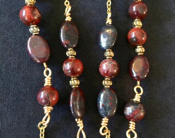 26 in. NECKLACE w/ 1.5 in. EARRINGS - Crimson Red JASPER beads, Gold plate chain, hand-wrapped wire findings & S-bend ear wires versitile