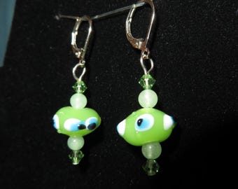 Green LAMPWORK beaded EARRINGS in bright neon colors with SWAROVSKI crystals - dangle length just under 1 & 3/4 inches lever-back ear wires