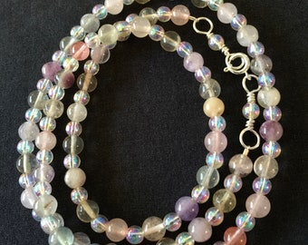 NECKLACE w/ Pink ROSE QUARTZ, Multicolored Fluorite -  Soft colors, flexible, handmade findings & traditional clasp - Length - approx 27 in.