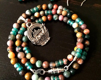 CHOKER & Dangle EARRINGS - FAITH Jewelry with pewter Noah's Ark charm, Multi-stone, w/ Green, Brown, Red, Yellow, Orange, Tan, Silver + Aqua
