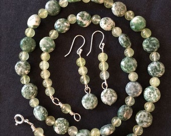 NECKLACE w/ DANGLE EARRINGS - Freckled Green Jasper, pale yellow-green Jadeite, hand-wrapped findings & round clasp - earring L: 2.25 inch