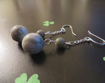 Dushan JADE DANGLE EARRINGS with semiprecious natural white/green beads, sliver tone accents and bendable S-hook ear wires - 2.125 inches