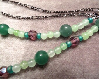 NECKLACE & EARRING Set- Dark Green Aventurine- Pale Green Jadeite-Smokey Purple Crystals-Necklace 23.75 inch-Earrings 2.125 inch