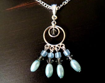 NECKLACE & SWAROVSKI CHANDELIER Pendant- Soft Aqua Blue-Green Colors-Silver Tone Metals-Pearl, Glass and Crystals - 18.5 necklace length