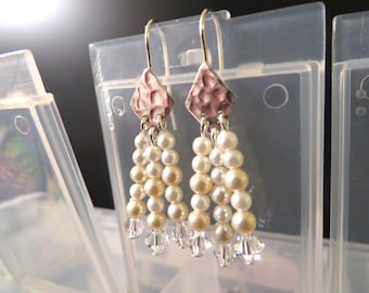 CHANDELIER EARRINGS w/ SWAROVSKI Crystals, Hammered Silver Chandeliers and Vintage Pearlescent Beads - Perfect for Brides! - 1.5 inch length