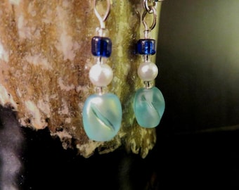 AQUA BLUE Dangle EARRINGS with aquamarine color frosted glass beads, blue and white beads, silver tone accents and silver S-hook ear wires