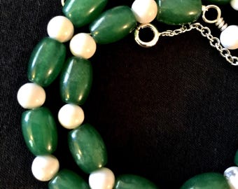 NECKLACE & Dangle EARRINGS w/ GREEN Aventurine, white Howlite, silver chain, S-hook ear wires - L: Necklace - 19.5 in., Earrings - 2.25 in.
