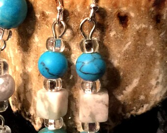 JADE & Jasper JEWELRY SET w/ stone beads, silver tone chain, and lobster clasp - necklace- 17.125 in., earrings w/ bendable wires- 1.75 in.