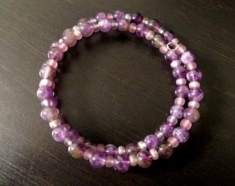 AMETHYST BRACELET w/ 2 Row round MEMORY Wire, pink frosted glass & genuine Amethyst beads - Size: small (fits 5-7 inch wrist circumference)