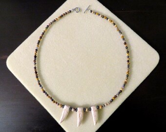 STATEMENT NECKLACE & EARRINGS Set-Choker-w/ Genuine White Turquoise, Earth tone Jasper, Dark Gray Hematite-Silver Tone Metals-Toggle Clasp-