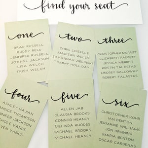 May include: Six green cards with white text and black calligraphy. Each card has a number from one to six and a list of names. The cards are arranged in two rows of three. The top card reads "find your seat".