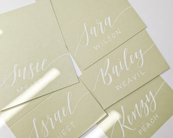 Calligraphy Place Cards | Colored Placecards | Escort Cards | Wedding Table Cards | Green Table Tents | Wedding Table Tents |  Green wedding