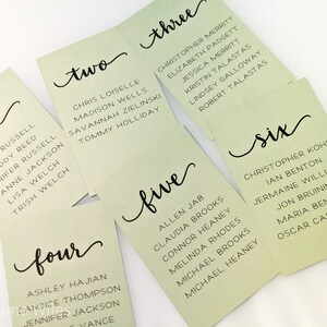 May include: Six green cards with handwritten numbers one through six and a list of names on each card. The cards are arranged in a staggered pattern.