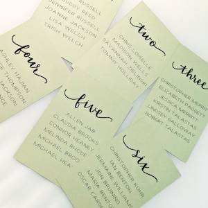 May include: Six green place cards with black calligraphy for a wedding or event. The cards are numbered one through six and list names for each number.