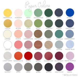 May include: A chart of 36 different paper colors, organized in rows and columns. The colors are named with text below each color swatch. Some colors have a star next to their name, indicating a metallic finish.