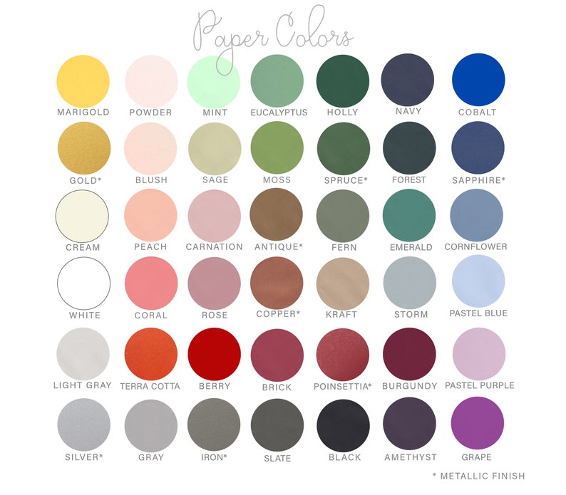 May include: A chart of 36 different paper colors, organized in rows and columns. The colors are named with text below each color swatch. Some colors have a star next to their name, indicating a metallic finish.